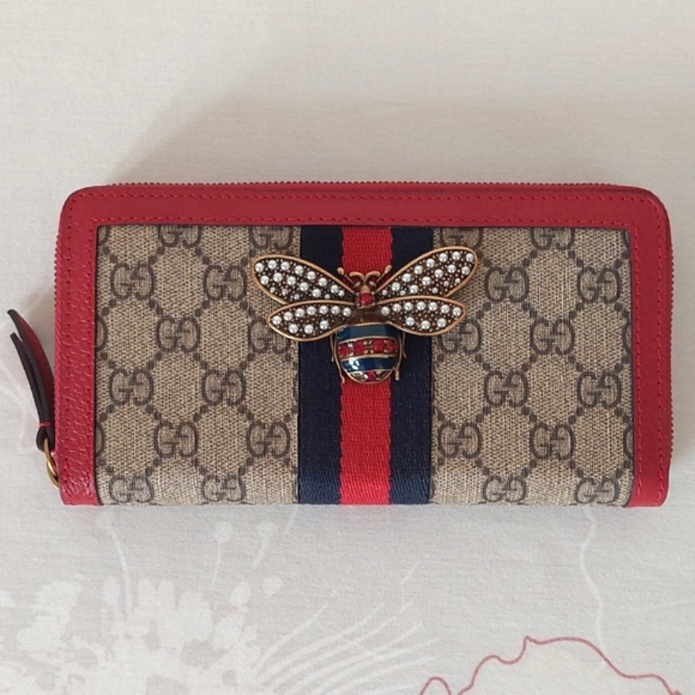 Gucci Red and Blue Stripe with Bee Detail large zip around Wallet